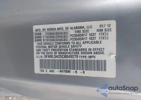 2012 Honda Odyssey Lx z USA, uszkodzony, nr VIN 5FNRL5H25CB049279